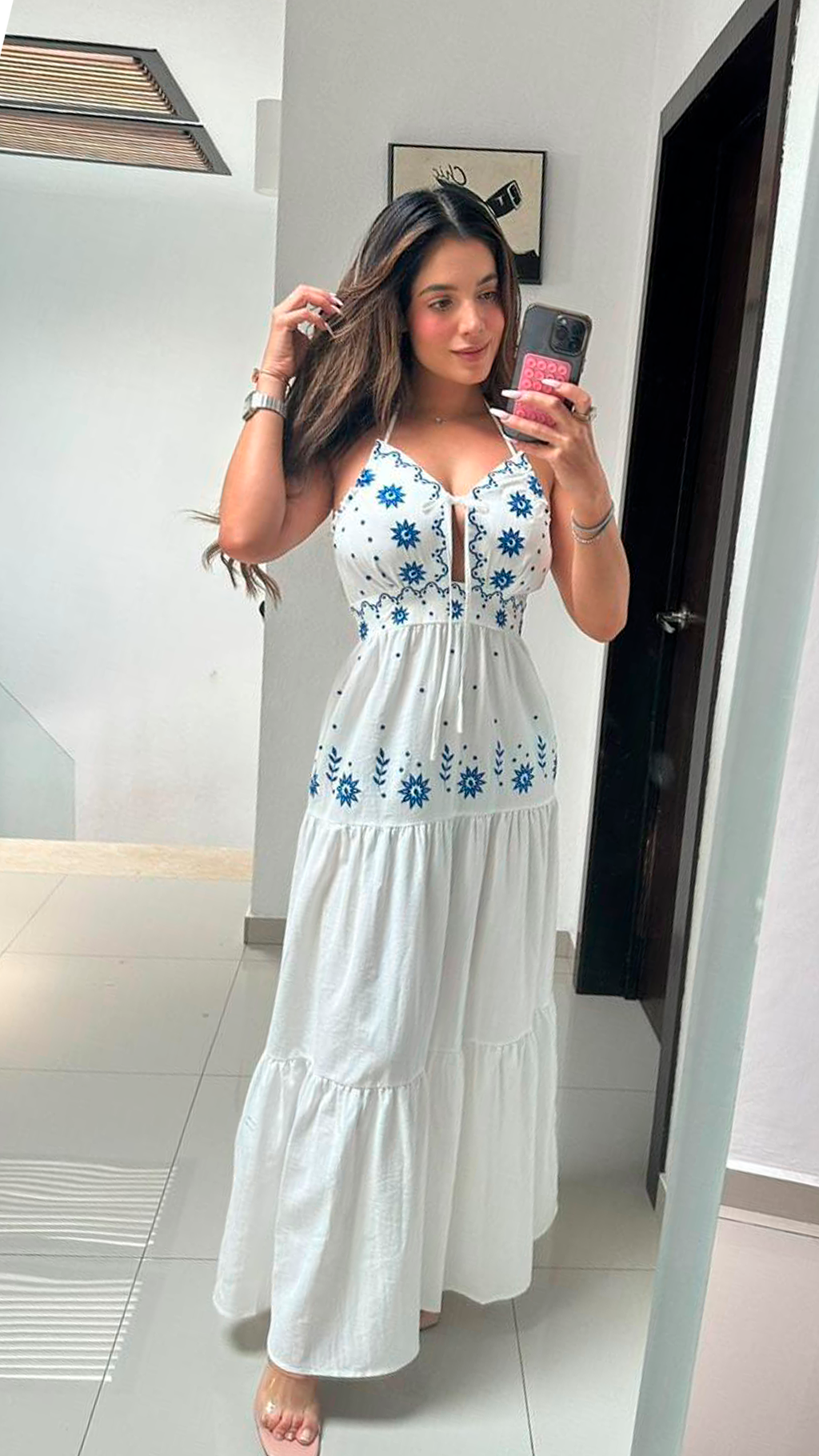 Vestido blanco lino, tejido flores